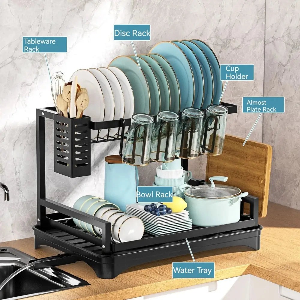 Two-tier black dish drying rack kitchen organizer with drainboard