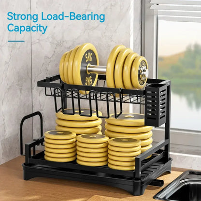 Two-tier black dish drying rack kitchen organizer with drainboard