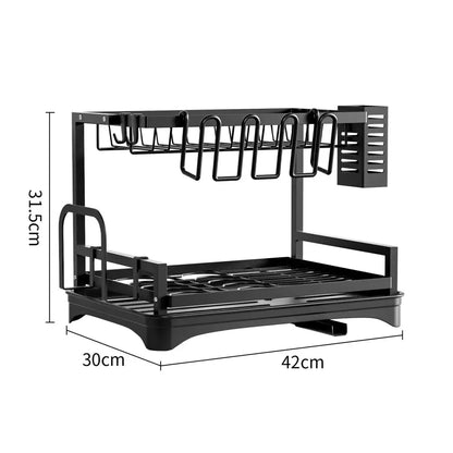 Two-tier black dish drying rack kitchen organizer with drainboard