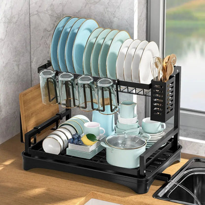 Two-tier black dish drying rack kitchen organizer with drainboard