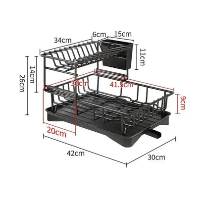 Two-tier black dish drying rack kitchen organizer with drainboard