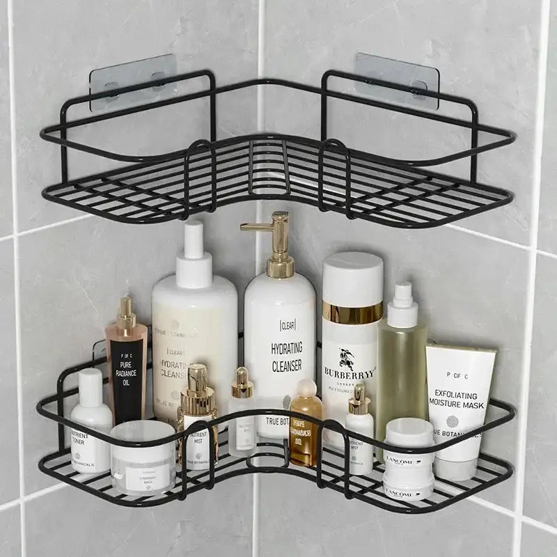 Two tier black metal corner storage shelves bathroom shower caddy