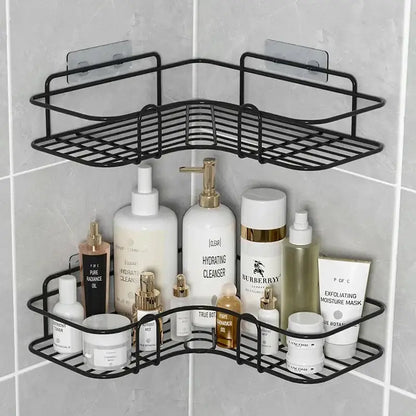 Two tier black metal corner storage shelves bathroom shower caddy