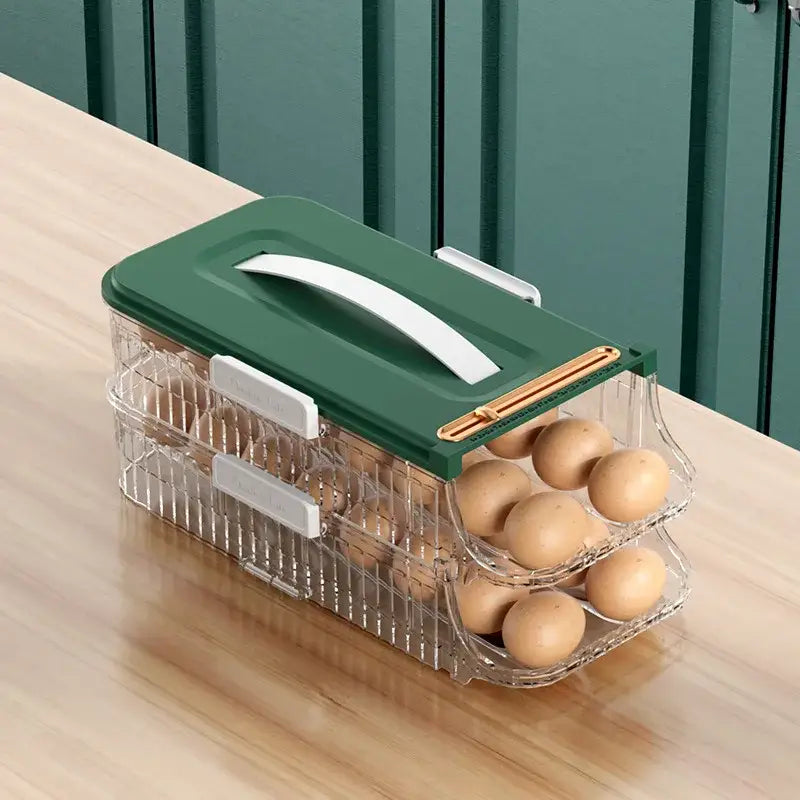 Two tier clear green & white egg storage box kitchen organizer