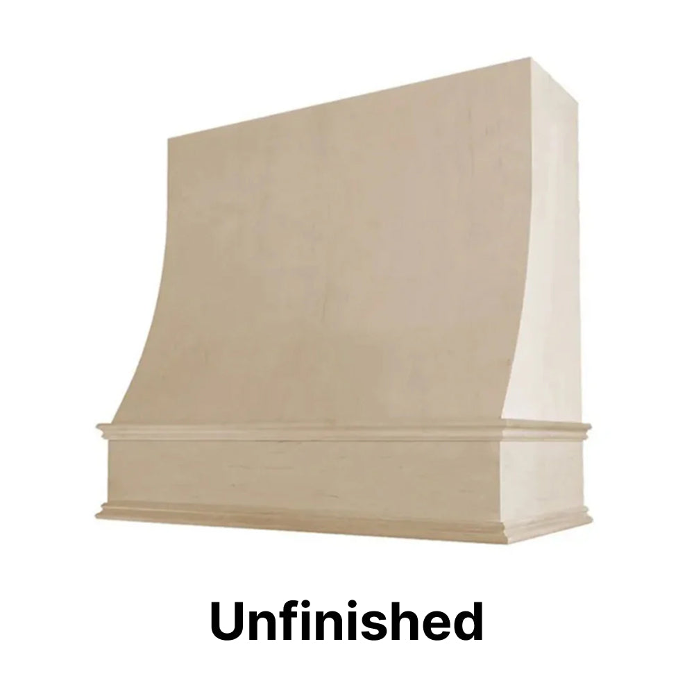 Wood Range Hood With Sloped Front and Decorative Trim - 30", 36", 42", 48", 54" and 60" Widths Available