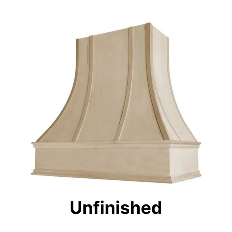 Wood Range Hood With Curved Strapped Front and Decorative Trim - 30" 36" 42" 48" 54" and 60" Widths Available