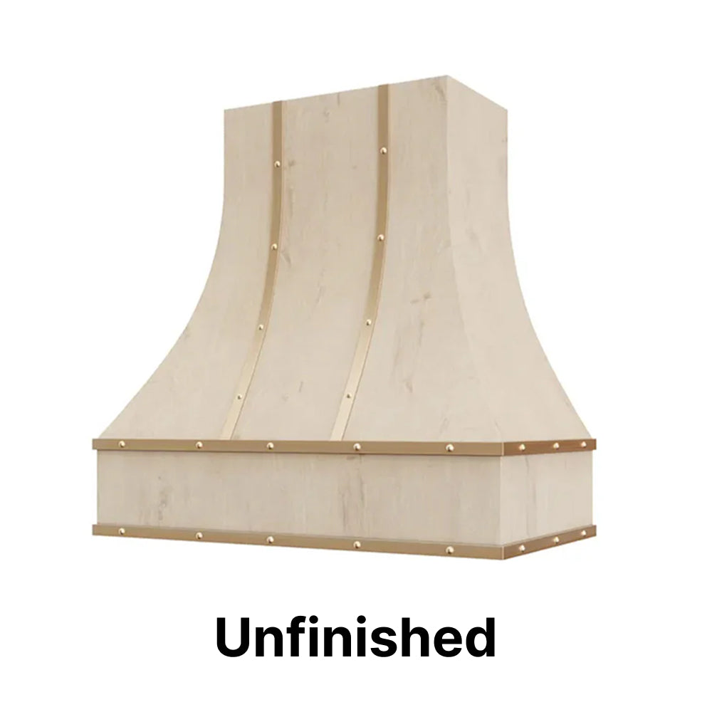 Wood Range Hood With Curved Front, Brass Strapping and Buttons - 30", 36", 42", 48", 54" and 60" Widths Available