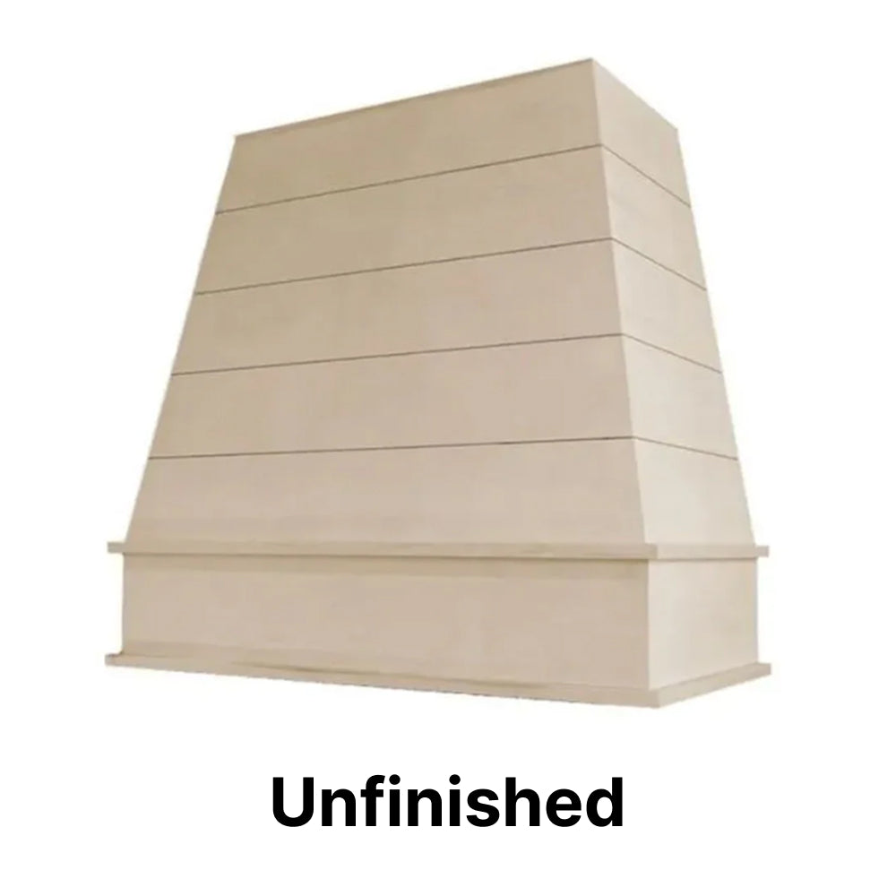 Wood Range Hood With Tapered Shiplap Front and Block Trim - 30", 36", 42", 48", 54" and 60" Widths Available
