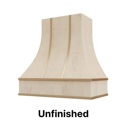 Wood Range Hood With Curved Front and Brass Strapping and Flat Trim - 30" 36" 42" 48" 54" and 60" Widths Available