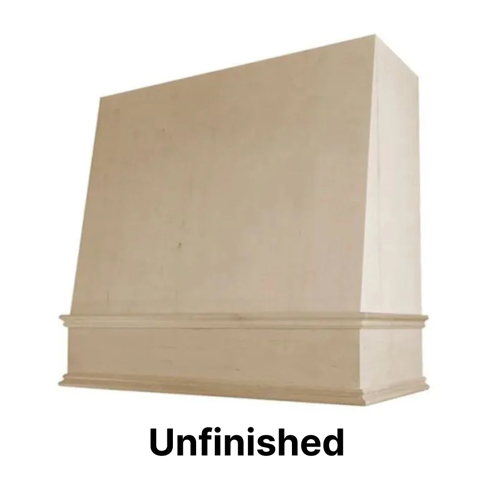 Wood Range Hood With Angled Front and Decorative Trim - 30", 36", 42", 48", 54" and 60" Widths Available