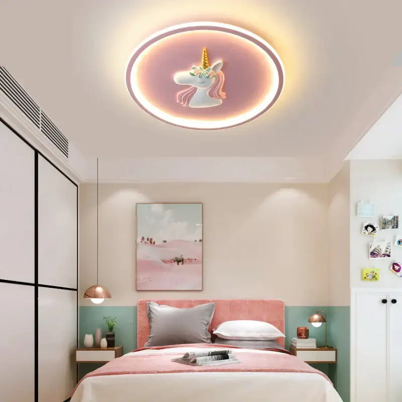 Unicorn cartoon kids ceiling lights bedroom chandelier blue & pink