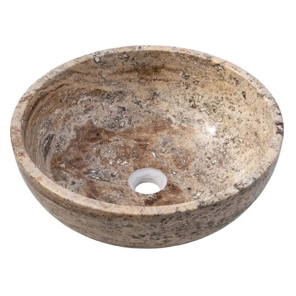 Valencia Beige Travertine Vessel Sink Polished 16 Inch Round Bathroom Basin