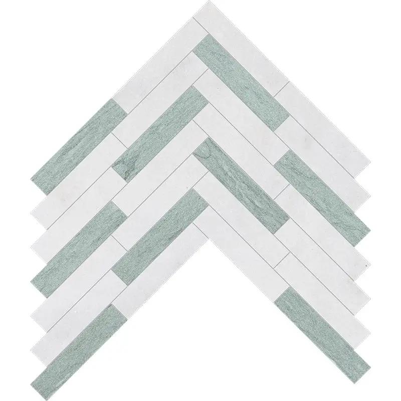 Verde, Calacata T Fine Textured Large Herringbone Marble Mosaics 12 7/8x8 9/16