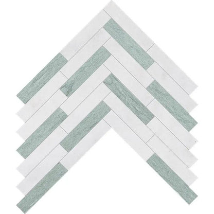 Verde, Calacata T Fine Textured Large Herringbone Marble Mosaics 12 7/8x8 9/16