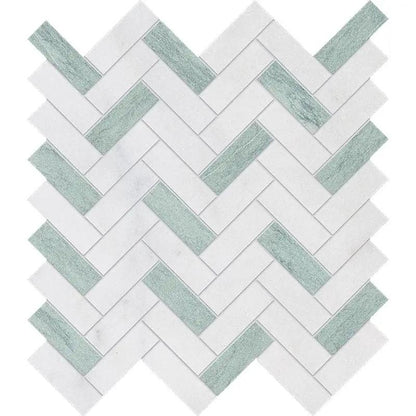Verde, Calacatta T Fine Textured Herringbone Marble Mosaics 12 1/8x13 3/8