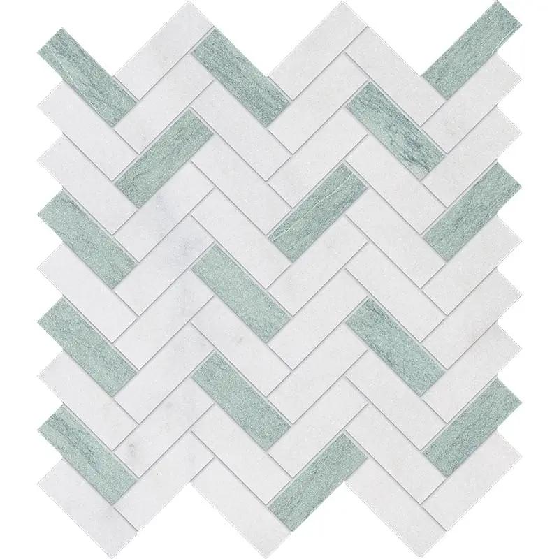 Verde, Calacatta T Fine Textured Herringbone Marble Mosaics 12 1/8x13 3/8