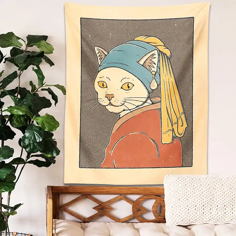 Vermeer cat pearl earring metal wall hanging bedroom tapestry art