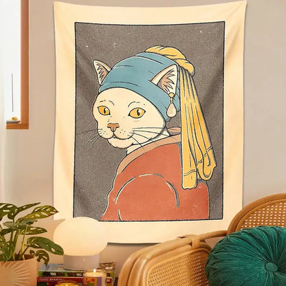 Vermeer cat pearl earring metal wall hanging bedroom tapestry art