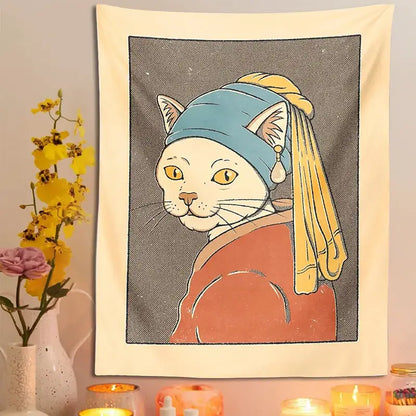 Vermeer cat pearl earring metal wall hanging bedroom tapestry art