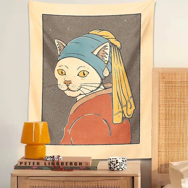 Vermeer cat pearl earring metal wall hanging bedroom tapestry art