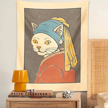 Vermeer cat pearl earring metal wall hanging bedroom tapestry art