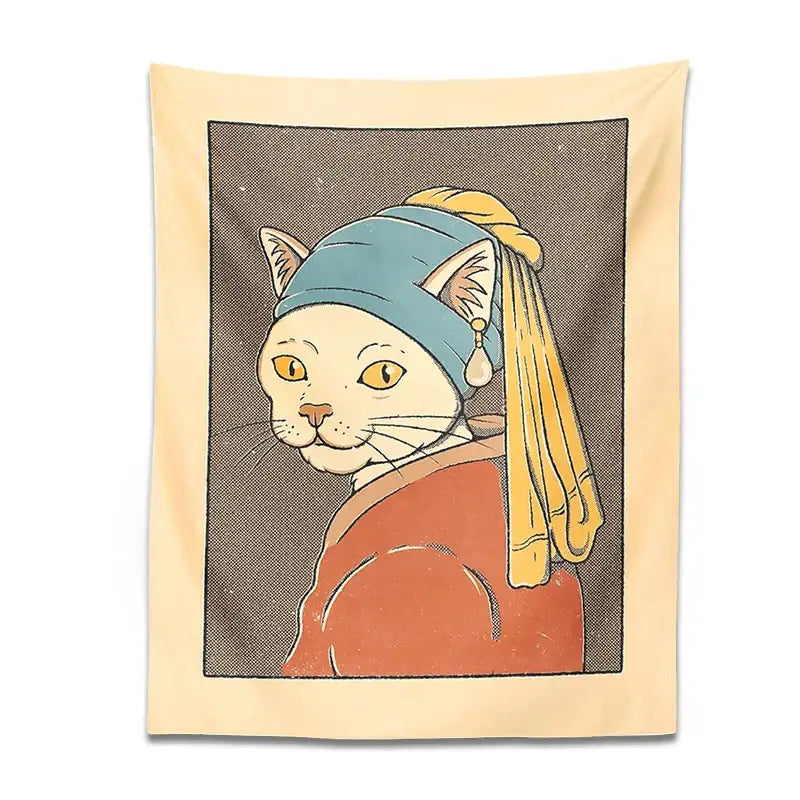 Vermeer cat pearl earring metal wall hanging bedroom tapestry art