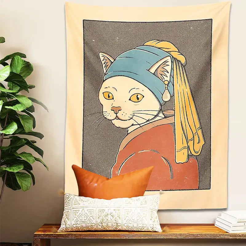 Vermeer cat pearl earring metal wall hanging bedroom tapestry art