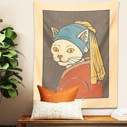 Vermeer cat pearl earring metal wall hanging bedroom tapestry art