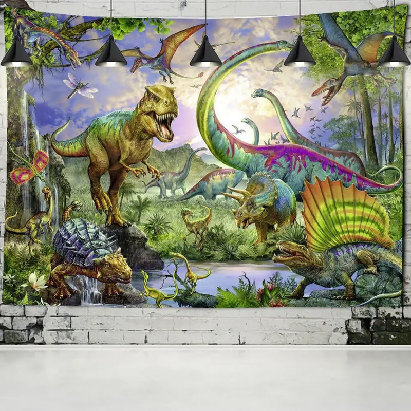 Vibrant colorful dinosaur age tapestry bedroom wall art decor