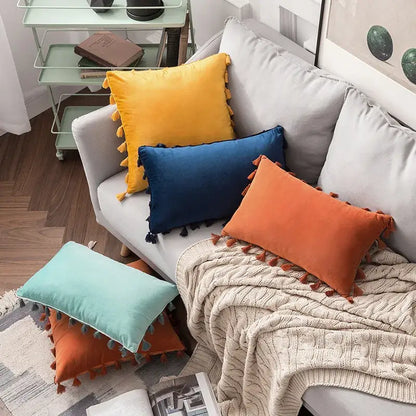 Vibrant fringed tassel velvet pillowcase for living room decor