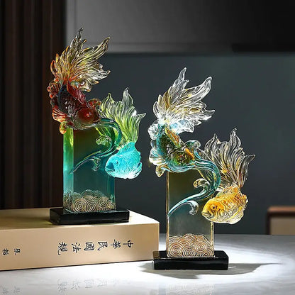 Vibrant gradient goldfish resin sculpture living room decor