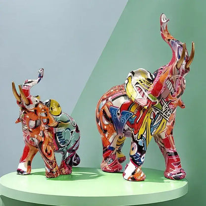 Vibrant graffiti elephant resin sculpture living room decor