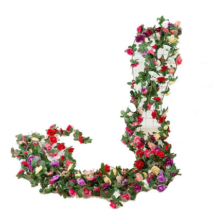 Vibrant multi colored rose flowers vine garland living room decor
