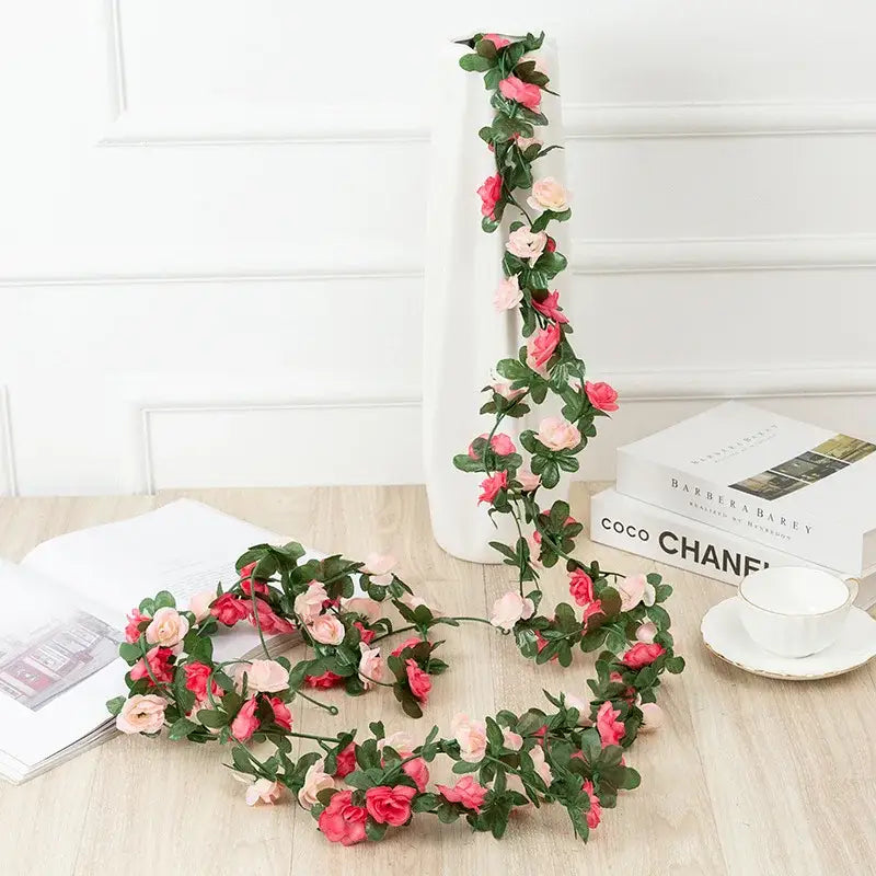Vibrant multi colored rose flowers vine garland living room decor