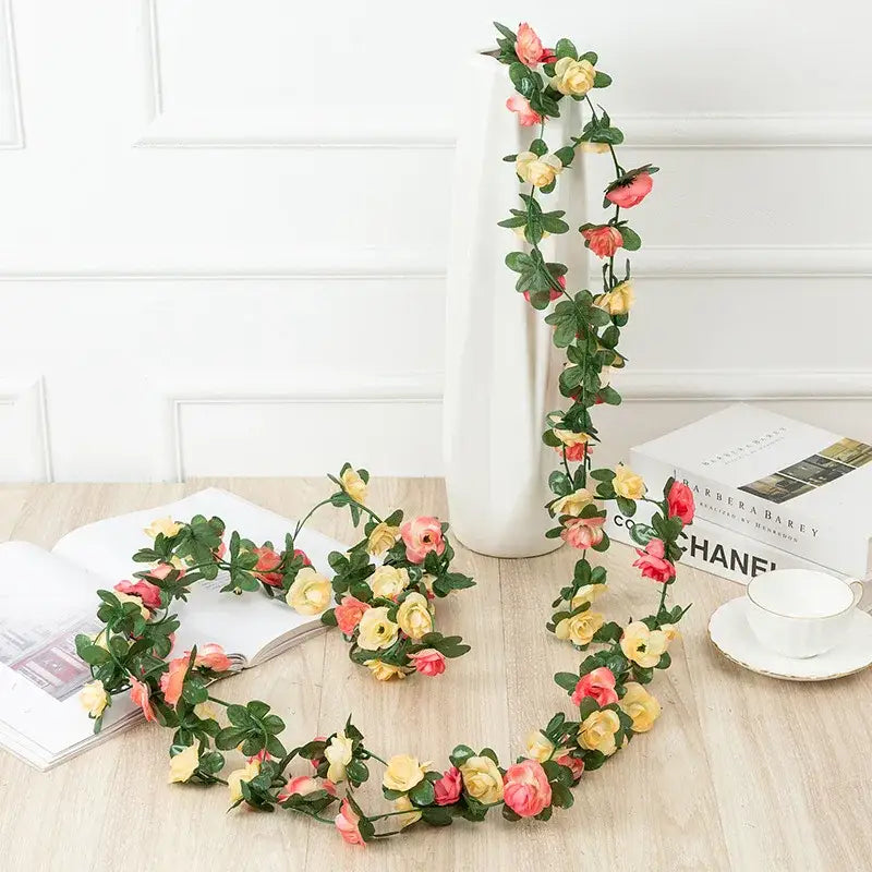 Vibrant multi colored rose flowers vine garland living room decor