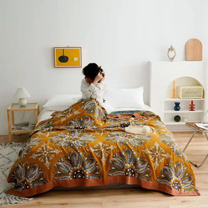 Vibrant orange & gold geometric nordic throw blanket bedroom bedspread