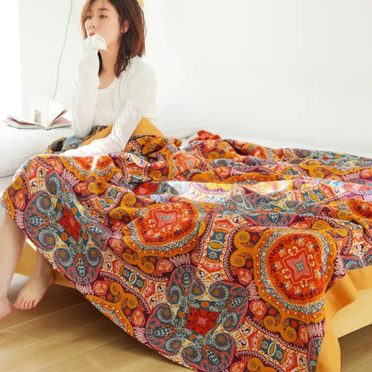 Vibrant orange & gold geometric nordic throw blanket bedroom bedspread