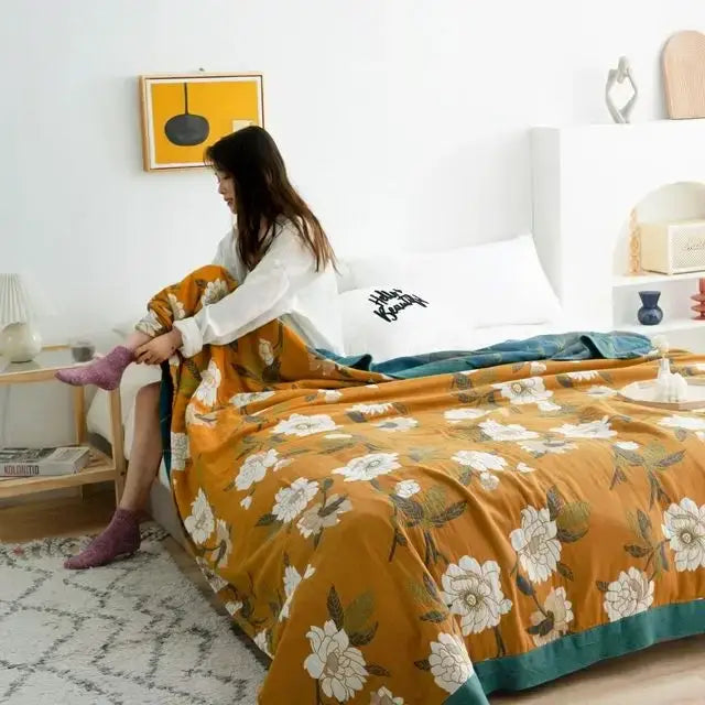 Vibrant orange & gold geometric nordic throw blanket bedroom bedspread