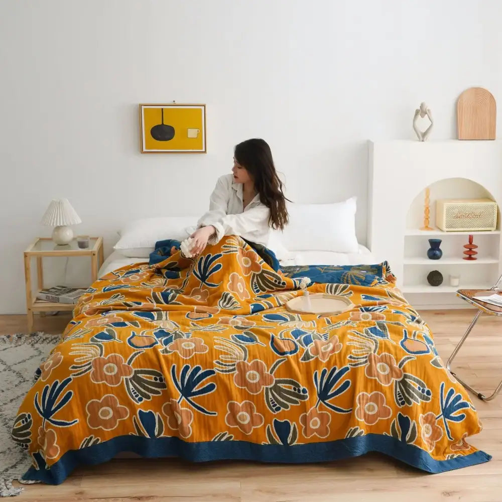 Vibrant orange & gold geometric nordic throw blanket bedroom bedspread