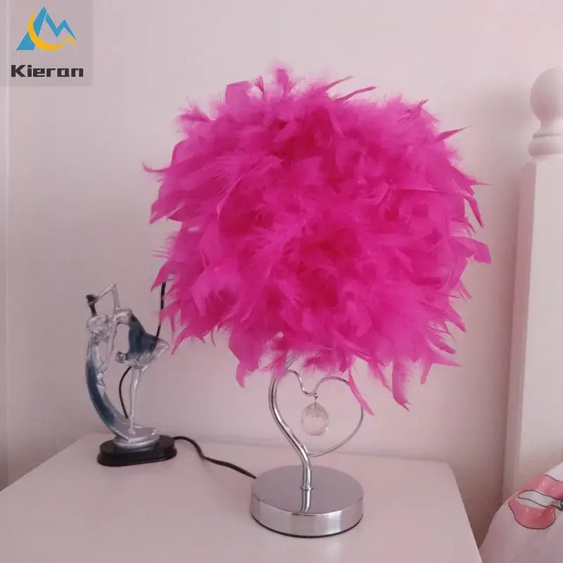Vibrant pink crystal feather led table lamp for bedroom