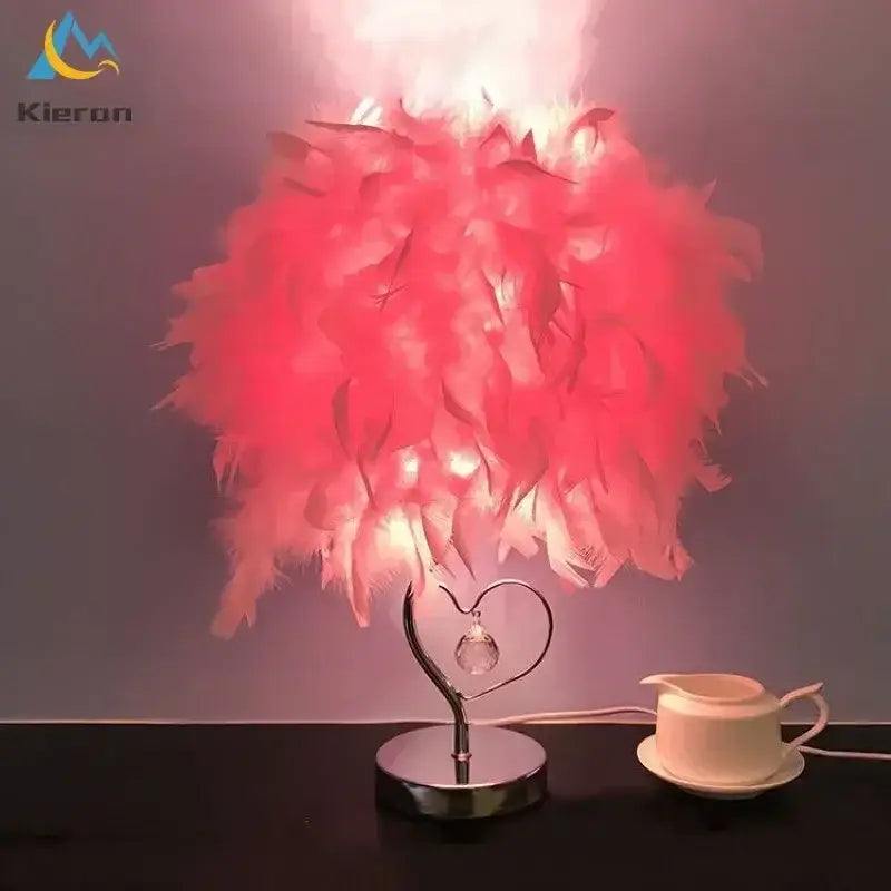Vibrant pink crystal feather led table lamp for bedroom