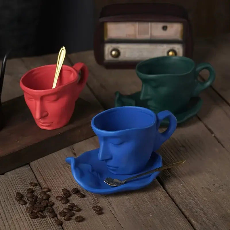 Vibrant red frosted ceramic face mug set for kitchen and dining room