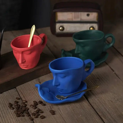 Vibrant red frosted ceramic face mug set for kitchen and dining room