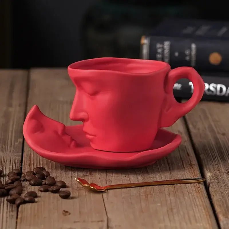 Vibrant red frosted ceramic face mug set for kitchen and dining room