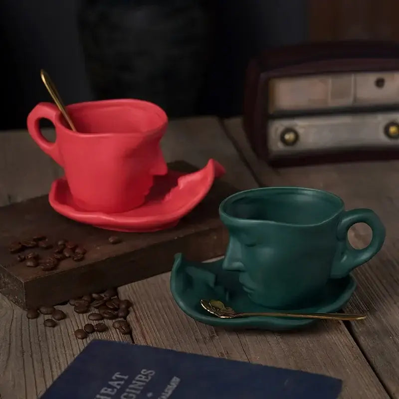 Vibrant red frosted ceramic face mug set for kitchen and dining room