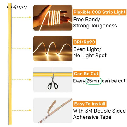 Vibrant slim 4mm cob led strip lights bedroom linear tape lighting