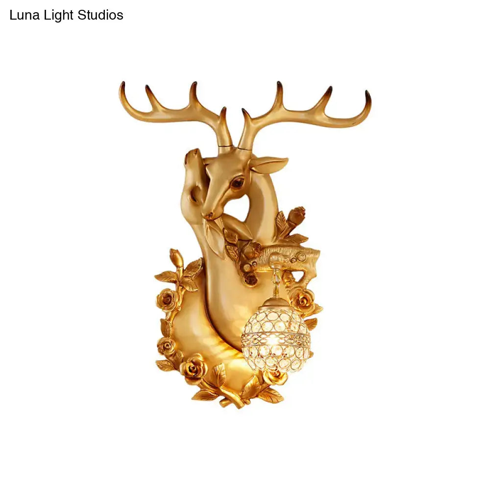 Vibrant yellow floral deer head accent crystal sconce bedroom light
