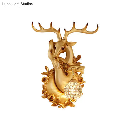 Vibrant yellow floral deer head accent crystal sconce bedroom light