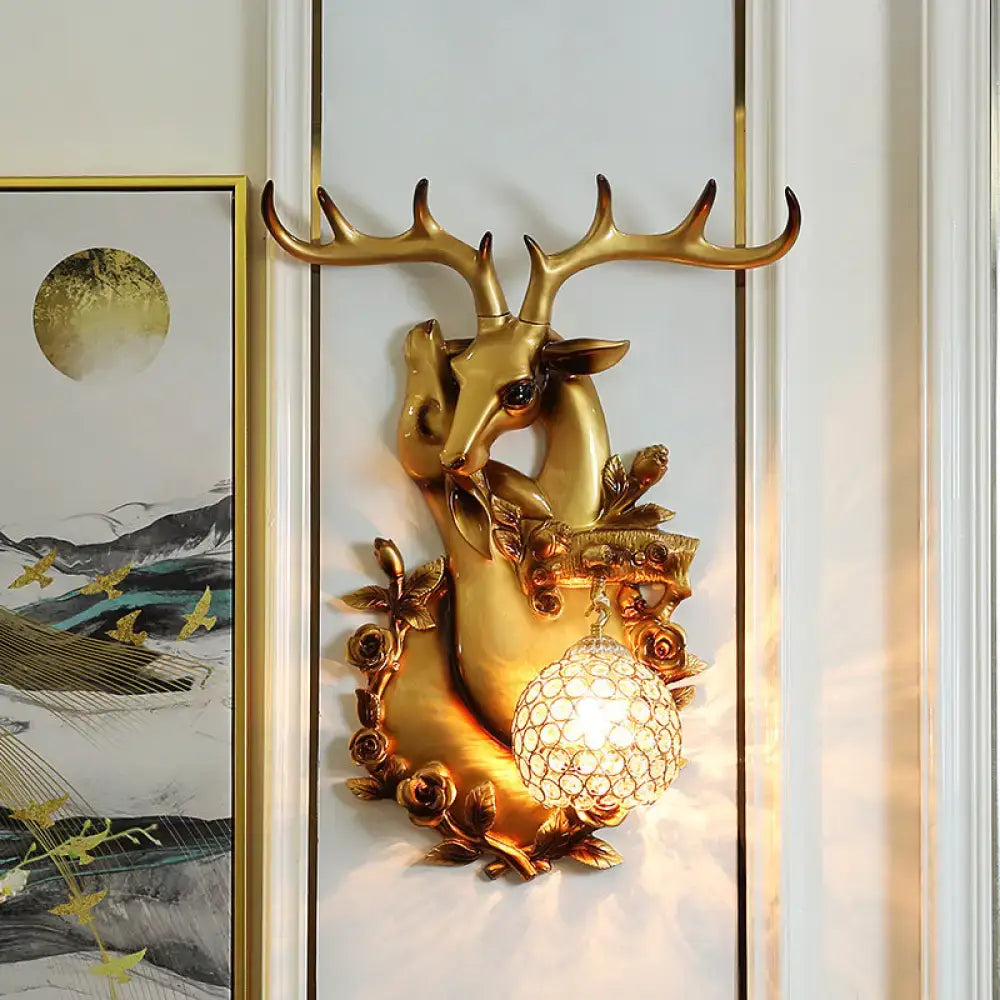 Vibrant yellow floral deer head accent crystal sconce bedroom light
