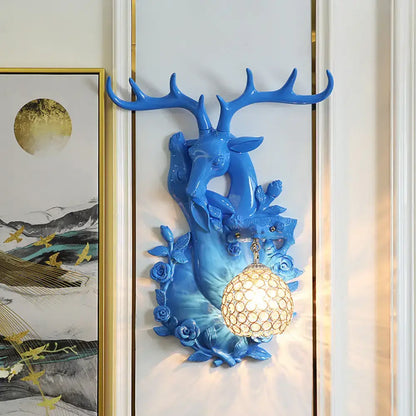 Vibrant yellow floral deer head accent crystal sconce bedroom light